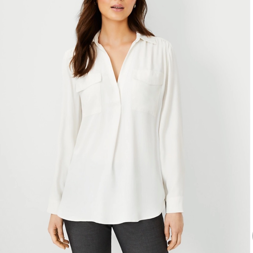 Ann Taylor Camp Shirt White Long Sleeves Small Petite